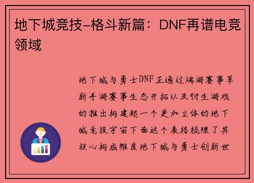 地下城竞技-格斗新篇：DNF再谱电竞领域